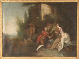 an old painting of a man and a woman in a wooded setting
