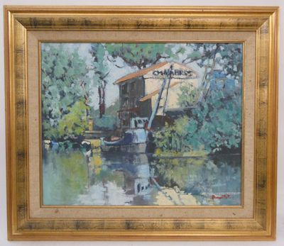 une peinture à l'huile représentant un bateau dans un plan d'eau