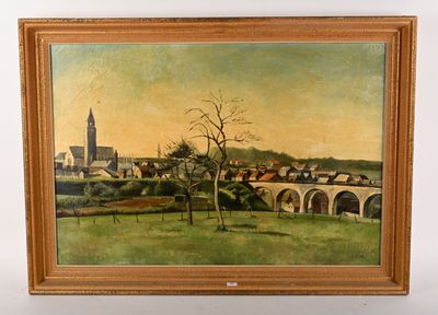 une peinture à l'huile représentant une vue d'une ville avec un pont au premier plan