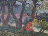 a painting of a woman sitting under a tree by a river