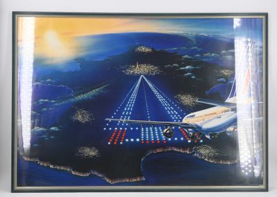 a picture of a painting of a plane flying over a bridge