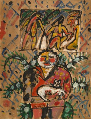 an image of a painting of a man with a cat in a chair