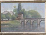 une peinture à l'huile représentant un pont enjambant une rivière, avec une église en arrière-plan