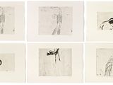 six black and white drawings of birds and flowers on a white surface