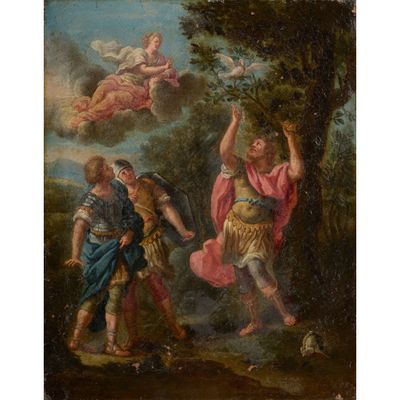 un tableau représentant une femme et deux hommes dans un paysage boisé