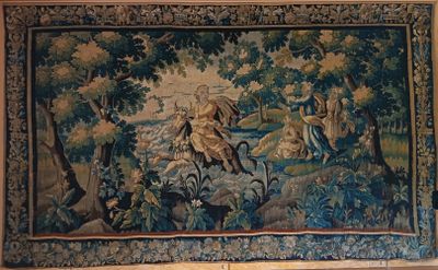 a tapestry hanging on the wall of a room