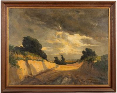 a painting of a dirt road with trees in the distance