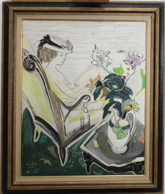 une image représentant un tableau où l'on voit une femme assise sur une chaise, entourée de fleurs