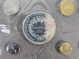 an assortment of silver and gold coins in a clear plastic case