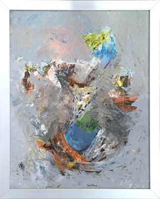 peinture abstraite représentant une bouteille de champagne et des fleurs dans un vase
