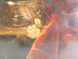 a close up of a painting of a vase and a flower