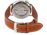a close up of a watch on a white background with a brown strap