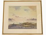 aquarelle encadrée représentant un paysage avec un lac et un ciel au loin