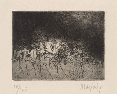 drawing of a black and white image of a group of people in a field