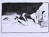 dessin représentant une femme allongée sur un lit, un livre à la main