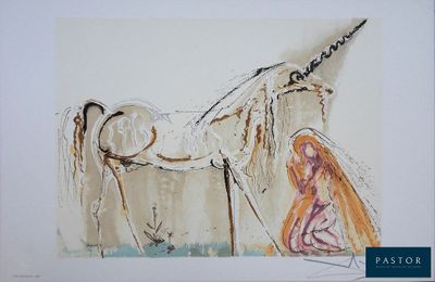 une photo d'un tableau représentant une licorne et une femme