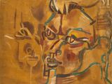 an image of a painting of a man ' s face with a bird on his head
