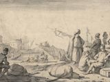 a drawing of a group of people sitting on the ground