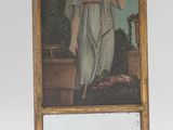 an old picture of a woman in a white dress standing next to a mirror