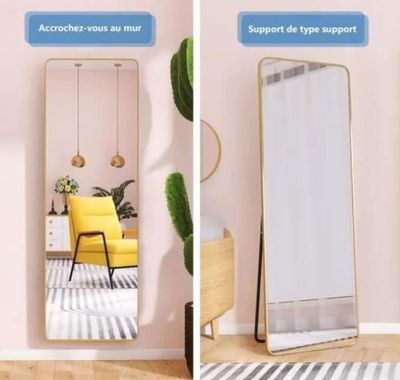 two pictures of a room with a mirror and a yellow chair