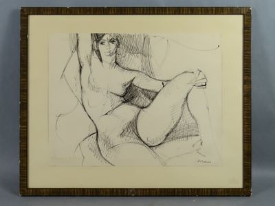 dessin représentant une femme nue assise sur une chaise, les jambes croisées