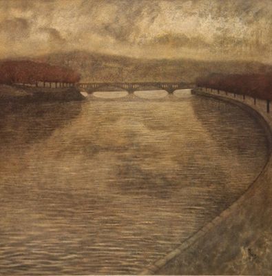 une peinture représentant un pont au-dessus d'une étendue d'eau
