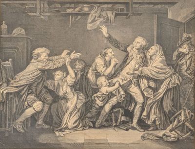 un vieux dessin représentant un groupe de personnes rassemblées autour d'un homme tenant un chapeau