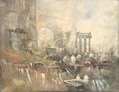 un tableau représentant un tableau d'une ville où il y a beaucoup de monde