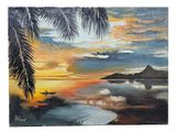un tableau représentant un coucher de soleil avec des palmiers et un bateau sur l'eau