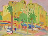 a painting of a yellow building with palm trees in front of it