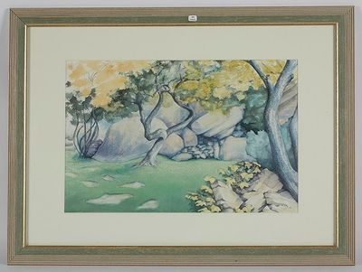 aquarelle encadrée représentant un paysage avec des rochers et des arbres