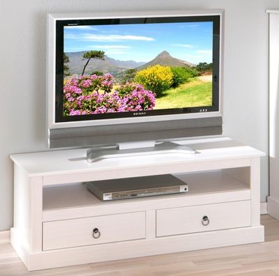 un meuble TV blanc sur lequel est posée une télévision à écran plat