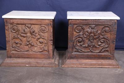 pair of antique carved wood pedestals with marble top