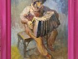 an oil painting of a man playing an accordion in a pink frame