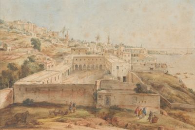 painting of a view of a city with a river in the foreground