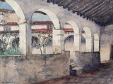 a watercolor painting of a building with arches and windows