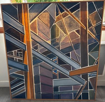 a painting of a picture of a building and a window