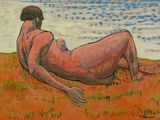 un tableau représentant un homme allongé dans l'herbe