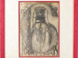 framed drawing of a woman sitting on a chair with her head in her hands