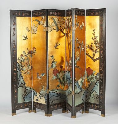 an image of a room divider with birds and flowers painted on it