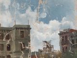 a painting of a building with a clock tower in the background