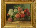 une peinture à l'huile représentant des fleurs dans un panier posé sur une table