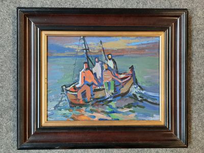 tableau représentant deux hommes dans un bateau sur l'eau, avec le ciel en arrière-plan