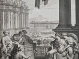 a black and white drawing of a group of people standing around a statue