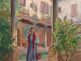 painting of a woman standing in a courtyard with a potted plant