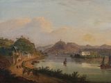 painting of a view of a river with a castle in the distance