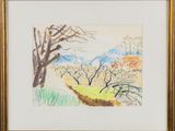 a drawing of a landscape with trees and grass in the foreground
