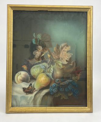 tableau représentant une nature morte composée de fruits et de fleurs, dans un cadre doré
