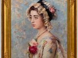 a painting of a woman in a dress with a flower in her hair