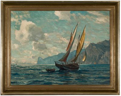 une peinture à l'huile représentant un voilier en mer, avec des montagnes en arrière-plan